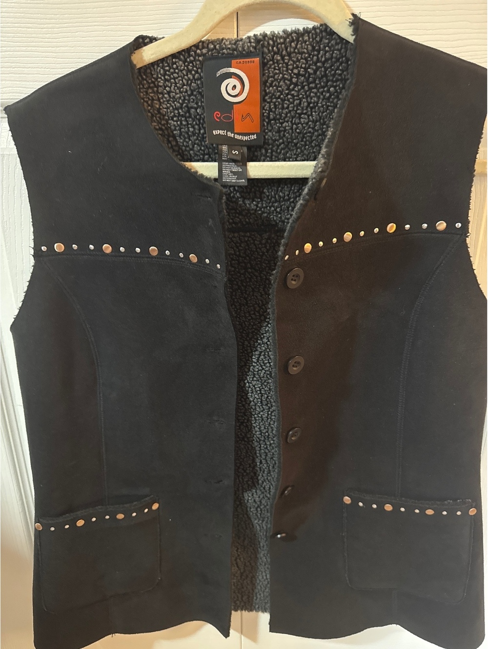 Eden Black Suede Vest with Sherpa Lining and Studded Detail Size Small